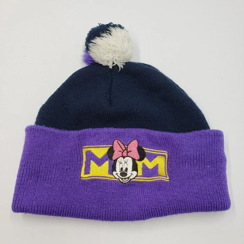 Vintage Disney Mickey Unlimited Minnie Mouse MOM Beanie Hat Purple Navy Knit Pom